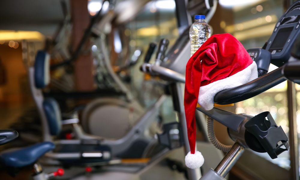 christmas hat on exercise machine